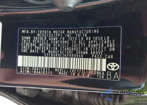 2019 Toyota Corolla Le from USA, damaged, VIN 5YFBURHE5KP899948